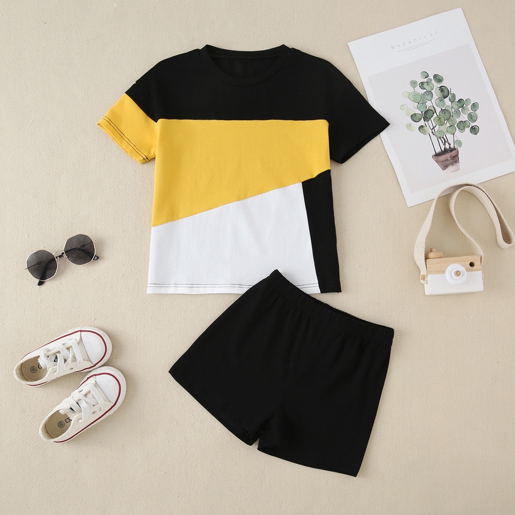 Mikrdoo 1-6 Years Kid Boy 2PCS Summer Clothing Set Toddler Baby Boy Basic Style Color Block Short Sleeves T-shirt Black Shorts Fashion Kid Boy Streetwear Sport Style Outfit