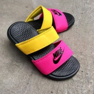 maroon nike slides with gold check