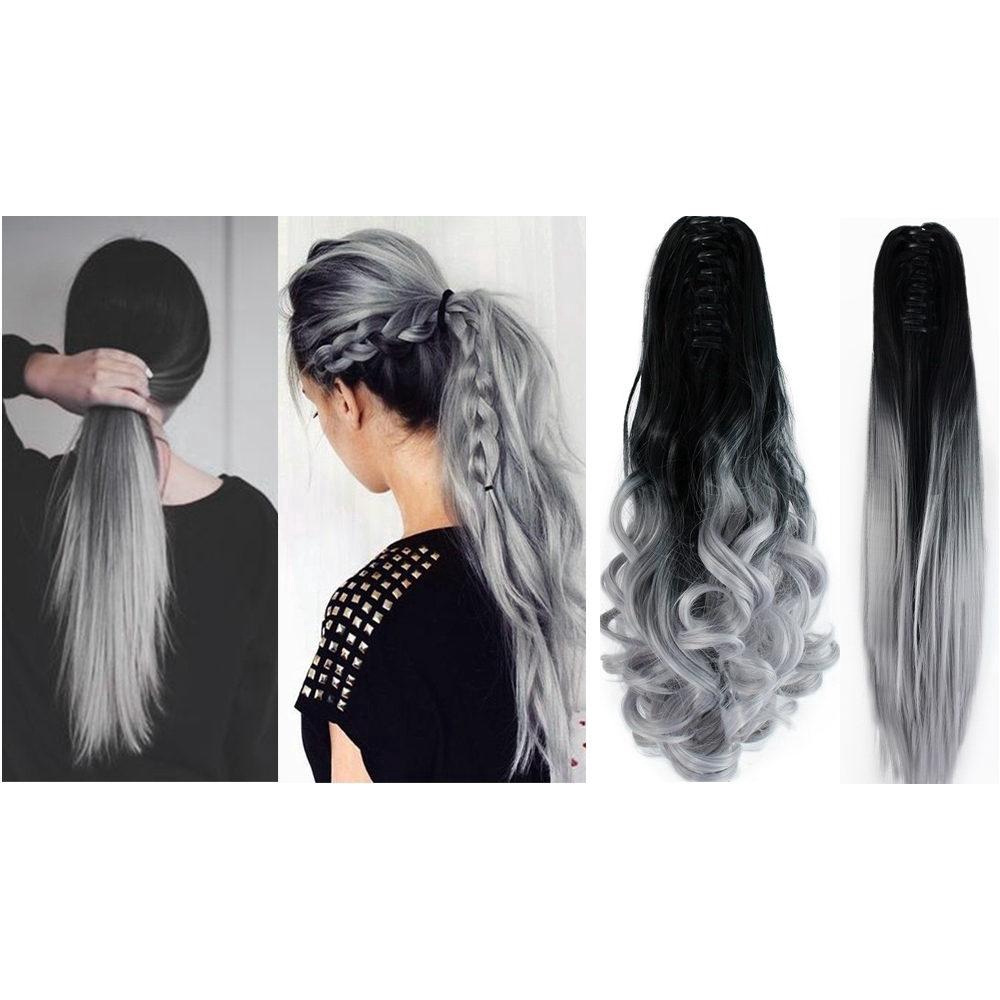 Women Silver Gray Ombre Color Curly Straight Clip On Hair Extensions Ponytail Ha