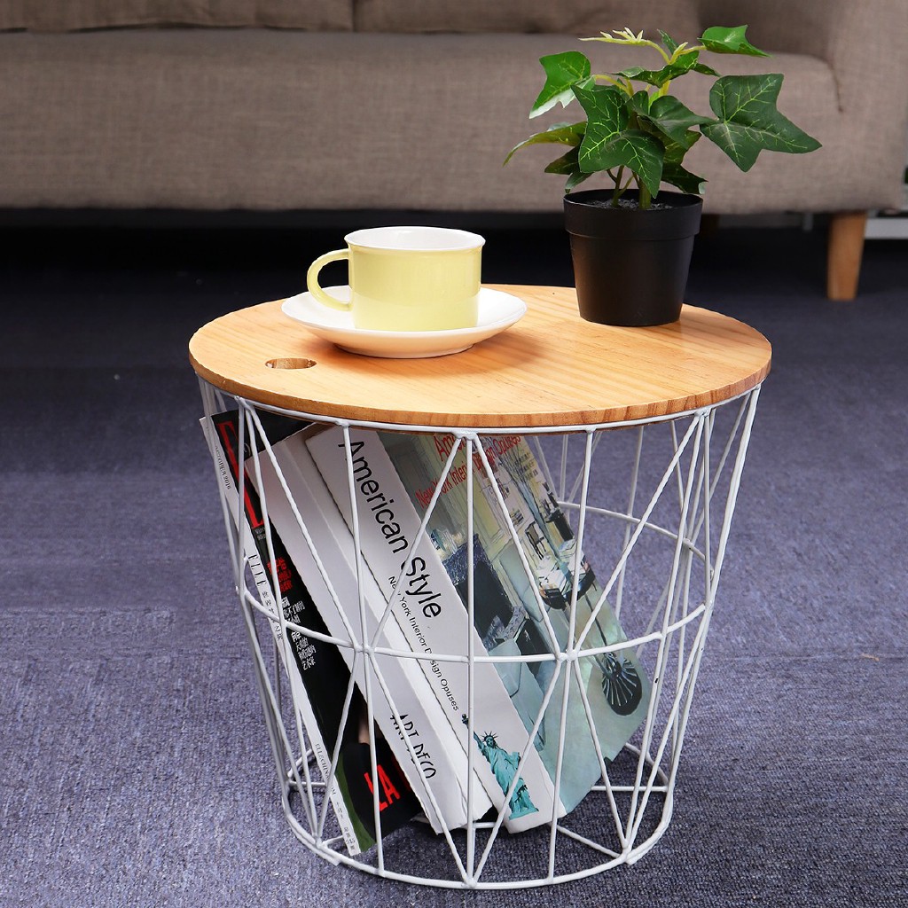 Zj White Black Metal Wire Basket Wooden Top Side Table Storage Loft Home Shopee Philippines