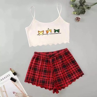 Camisole and dolphin shorts, thin shoulder straps, letter print ladies sexy pajamas set #KT