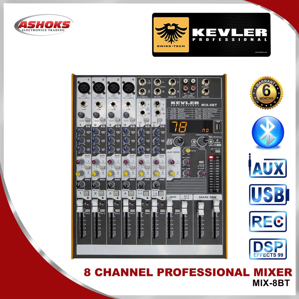 Kevler MIX-8BT Mixer / Professional Mixer / 8 Channel Input 4 Mic