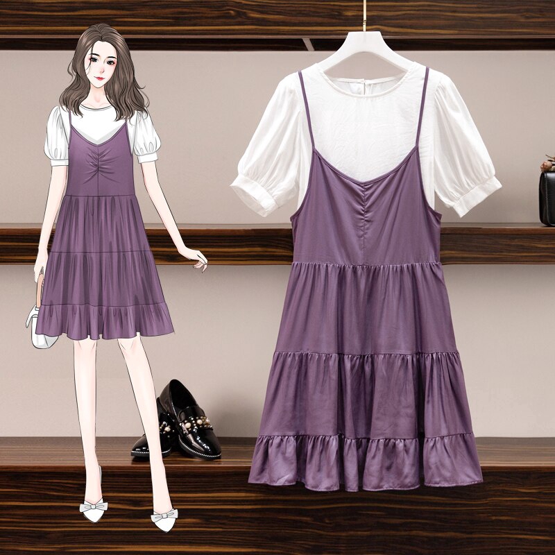 Loose L-4XL 2pcs Purple Plus Size Women Suspender Dress Summer Short Sleeve  Office Lady Casual Fashion Korean A-line Dresses | Shopee Philippines