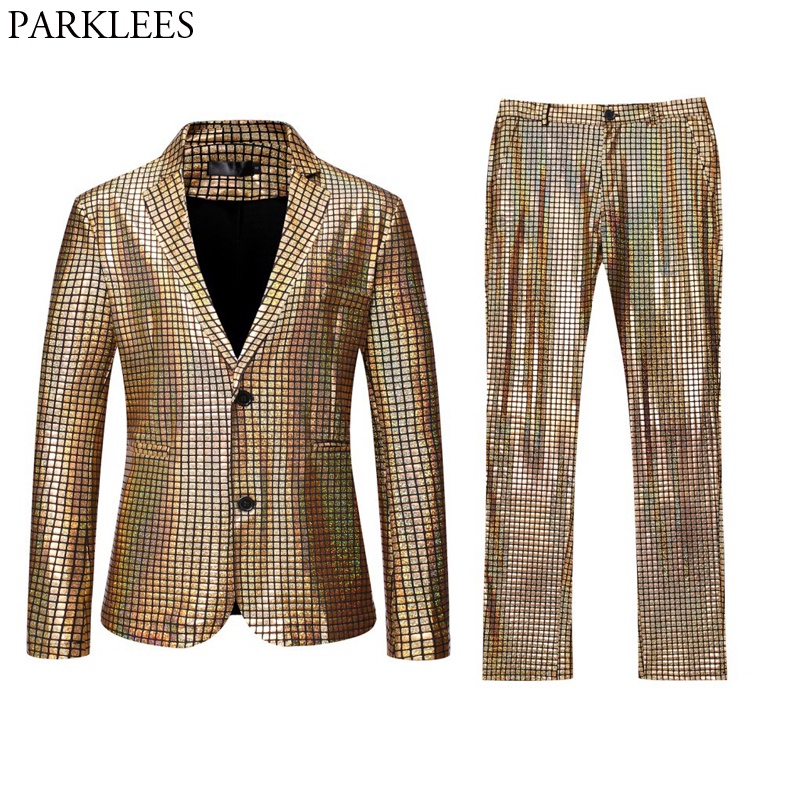 Shiny Gold Plaid Sequin Suits Men Prom Dance Prom Suits with Pants Mens