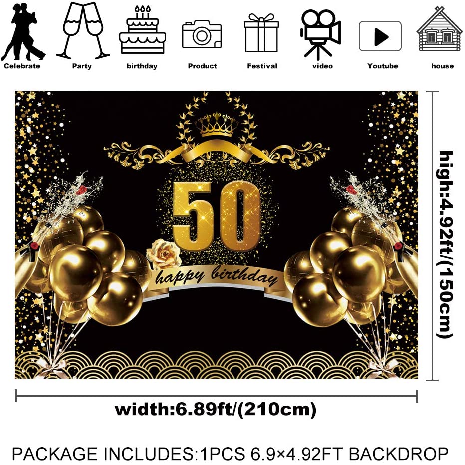 50th Happy Birthday Backdrop 7x5 feet Black and Gold Birthday Banner for  Party, Fifty Years Old Photo Background for Men and Women(5x3) | Shopee  Philippines