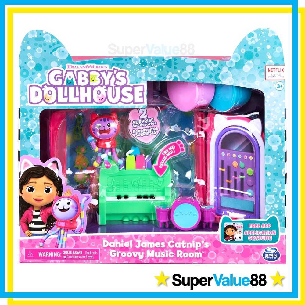 Original Dreamworks Gabby's Dollhouse Groovy Music Room Deluxe Playset & DJ Catnip Figure, Gabby