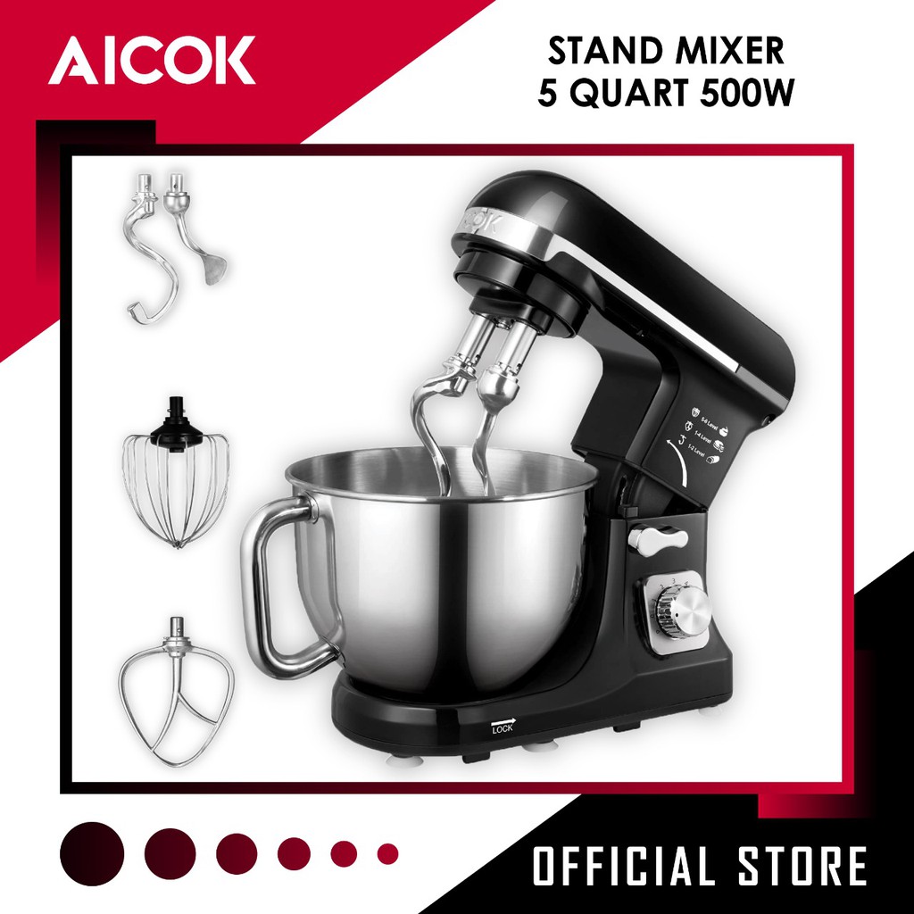 Aicok Stand Mixer, 1000 Watt with Double Dough Hooks, Whisk, Beater
