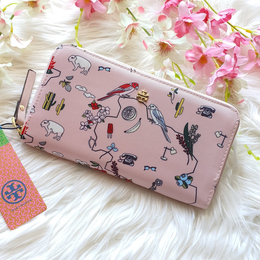Tory Burch Robinson Zip Continental Wallet in Light Pink Nylon with Birds  Printed Design | Shopee Philippines