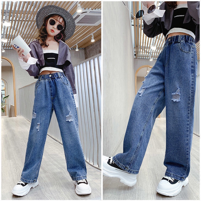 Girl Wide Leg Pants Denim Jeans Loose Pantalon Hight Waist Pant Baby Pants Casual Korean Elastic