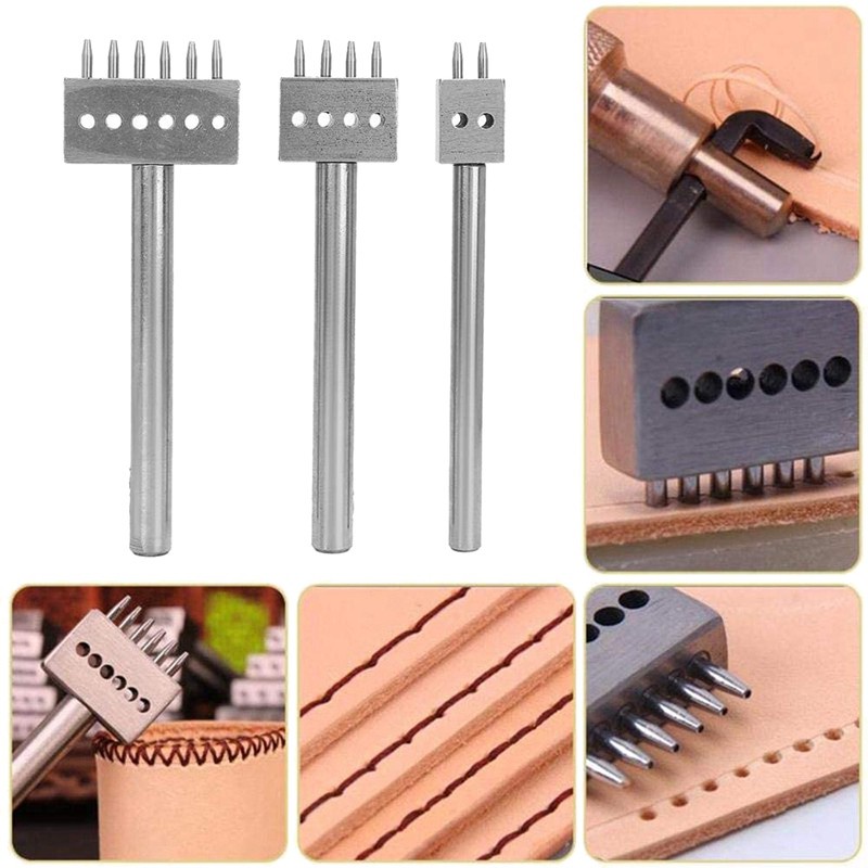 3 Pcs Leather Stitching Tool with Different Prong Head Spacing Hole Puncher,for DIY Lacing Stitching Chisel Leather(6mm)