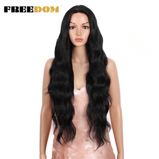 Freedom Wavy Fake Wig Middle Part Ombre Red 613 Color High Temperature Fiber Synthetic Wigs 34 Inch
