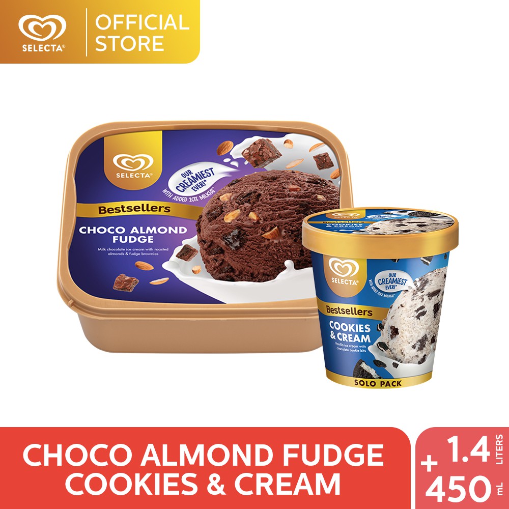 Selecta Choco Almond Fudge 1.4L + Cookies and Cream 450mL Shopee