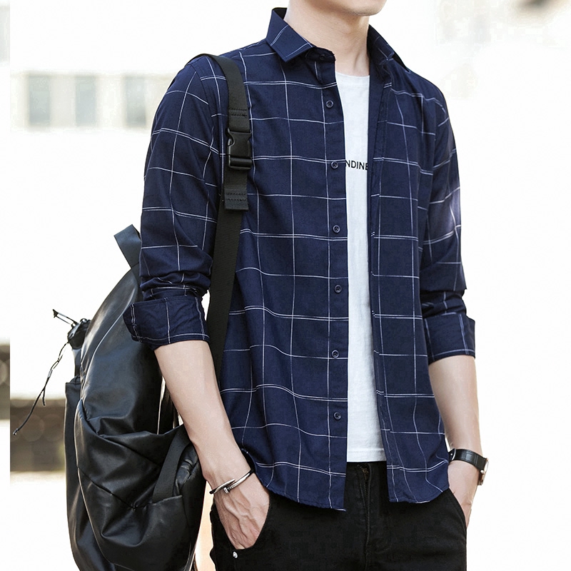 Men Casual Shirt Checkered Long Sleeve 