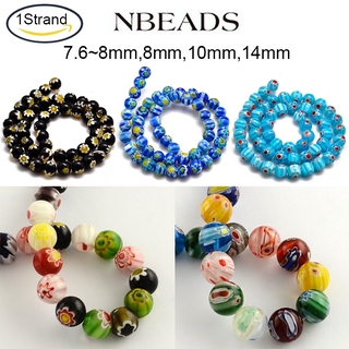 Nbeads 1Strand Round Millefiori Glass Beads Strands Blue/Sky Blue/Black/Mixed Color For Jewelry Making- 7.6~14mm, Hole: 1/2mm