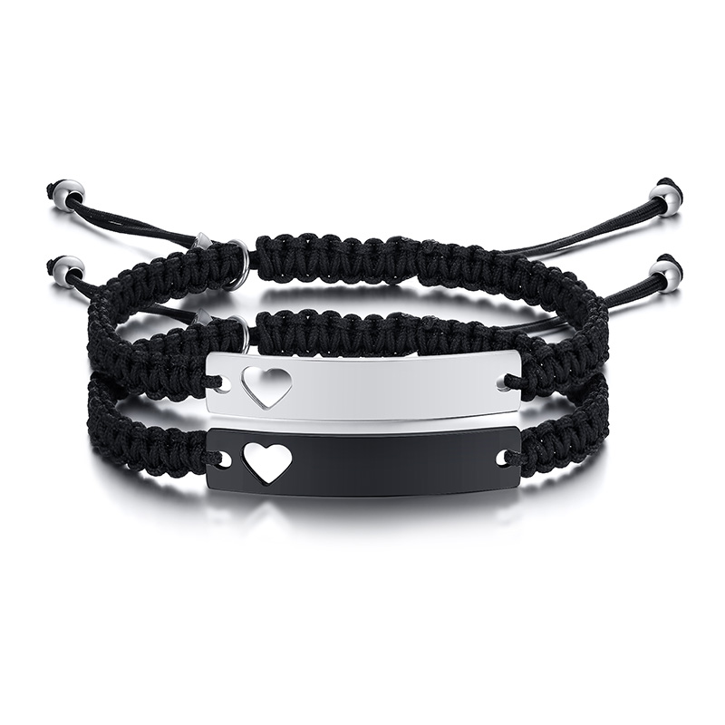 MEALGUET Personalized Stainless Steel and Braided Rope Adjustable Hollow Heart Couples Bracelet Distance Matching Bracelets for him and her 