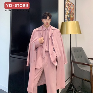 [Whole Set Ready Stock] 2022 Spring Autumn Pink Windbreaker Men's Mid-Length Stage Red Carpet Party Performance Unique Design Sense Coat Jacket