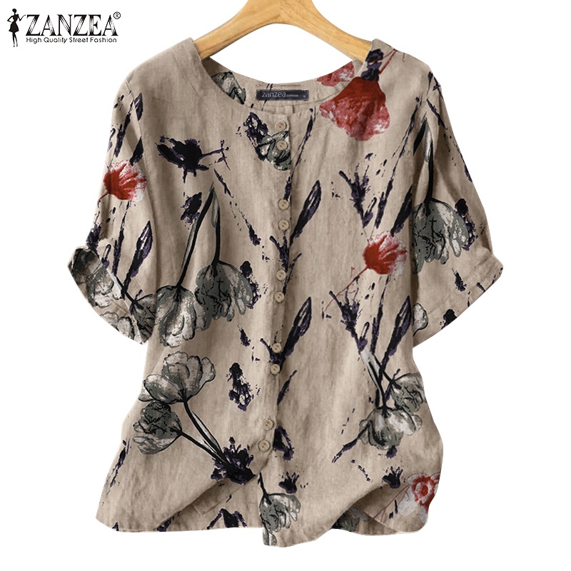 ZANZEA Chemise Women Summer Floral Printed Short Sleeve Blouses Holiday ...