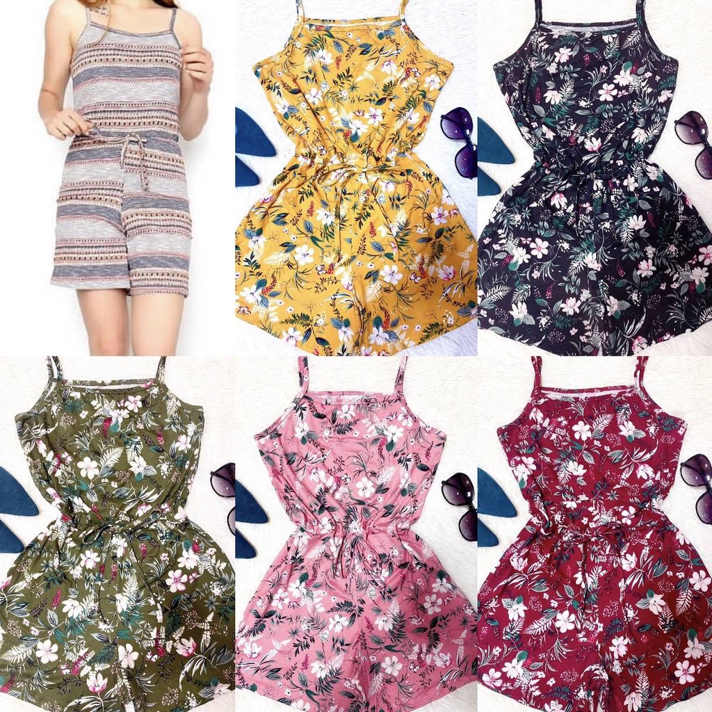 B013 Garterized Striped Floral Romper | Shopee Philippines