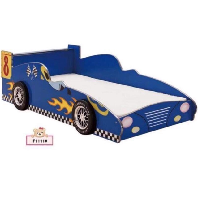 Blue Race Car Character Solid Wood Bed, Wooden Car Bed Frame