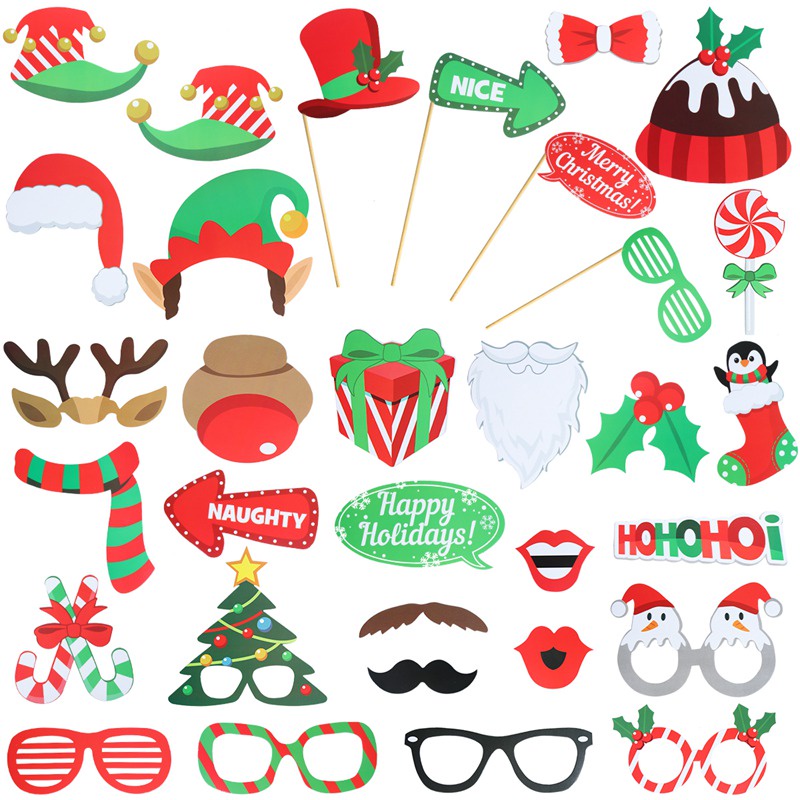 35PCS Christmas Decor Photo Booth Props Kit Masks Lips Beard Snowman