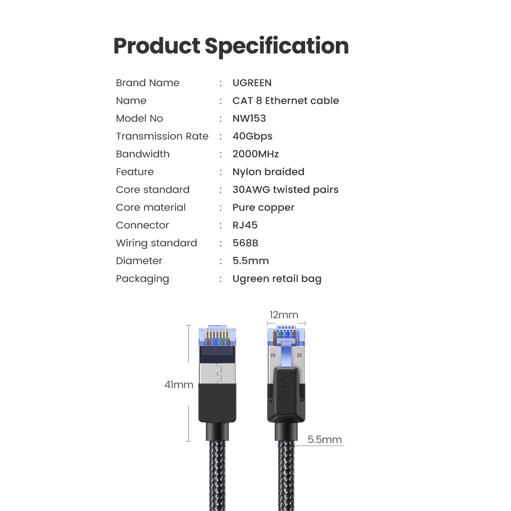 UGREEN Ethernet Cable CAT8 40Gbps 2000MHz CAT 8 Networking Nylon Braided Internet Lan Cord for Laptops PS 4 Router RJ45 Cable - Image 7