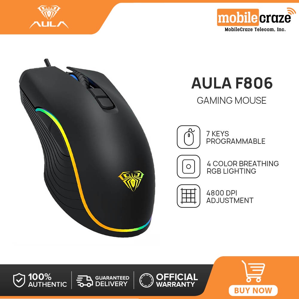AULA F806 Gaming Mouse RGB Backlit 4800DPI Adjustment USB Wired for PC ...