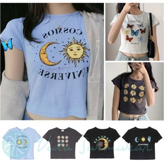 Printed Crop Top Butterfly Sun Moon Cotton T-shirt Women Clothing Blouse