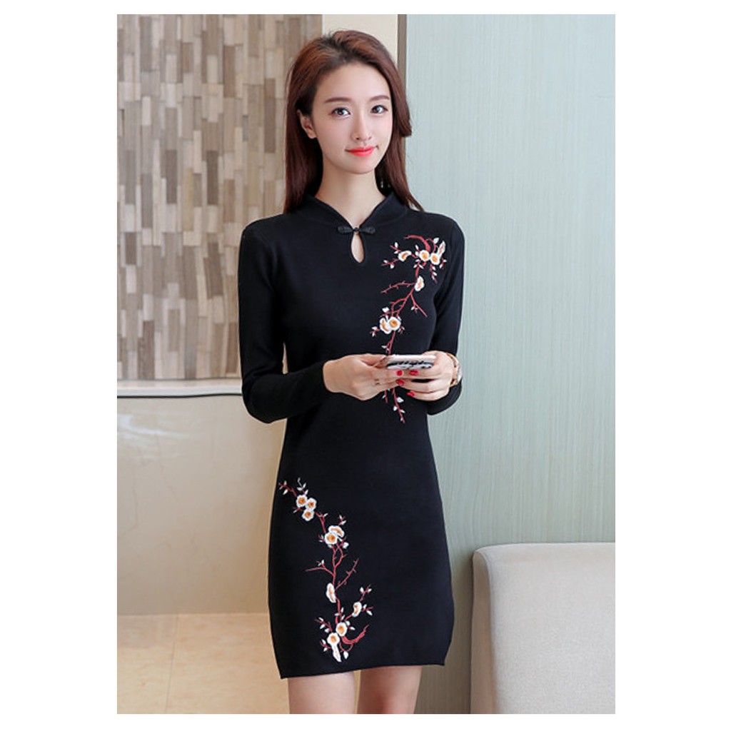 black cheongsam dress