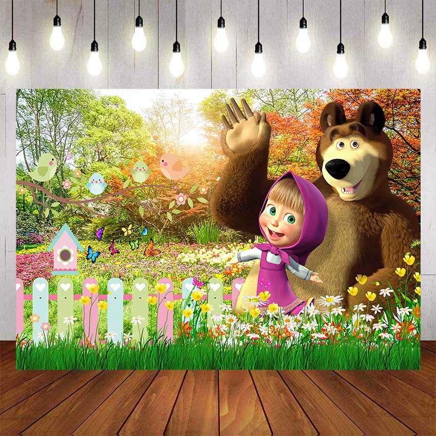 Masha And Bear Birthday Backdrop For Photography Baby Kids Cartoon 