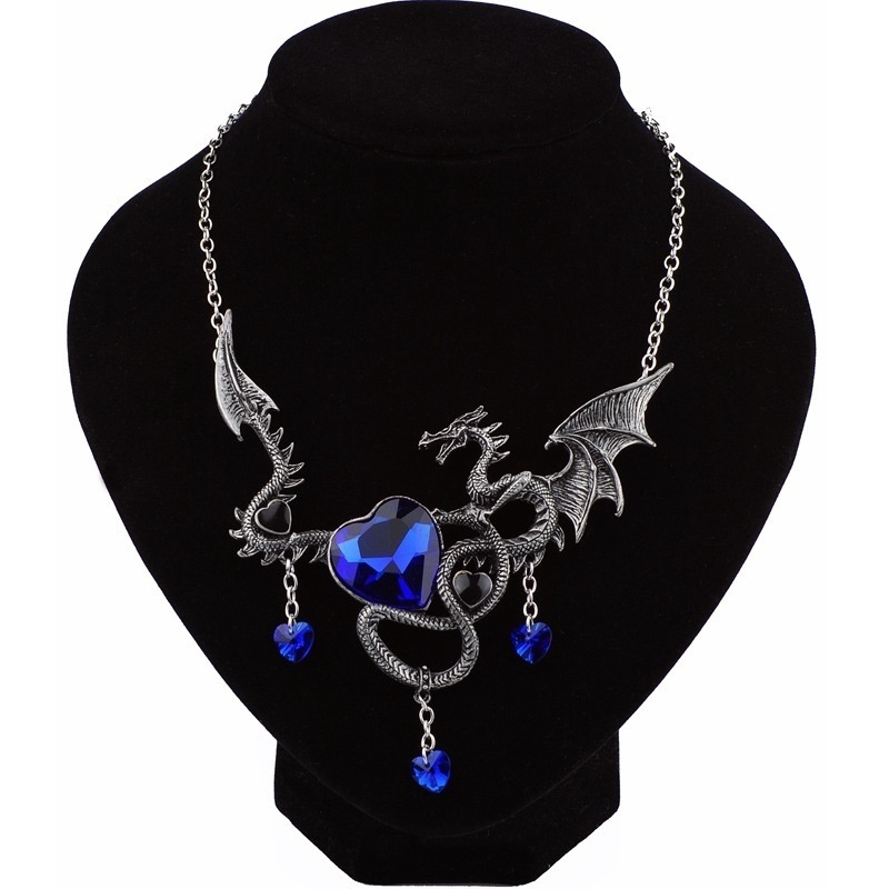 Fashion Heart-shaped Gemstone Alloy Pendant Gothic Punk Firebreathing Dragon Necklace Jewelry