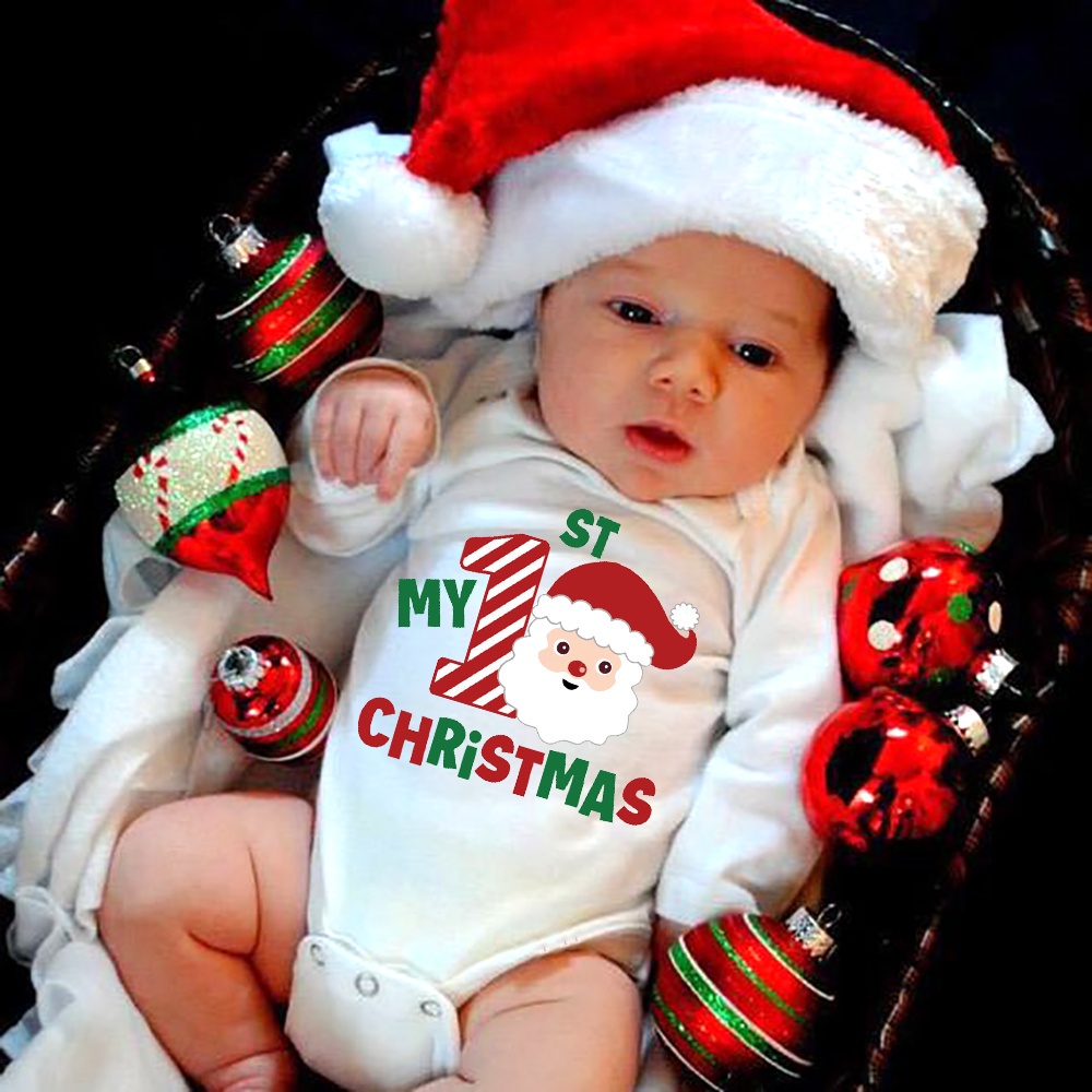 My First Christmas Newborn Baby White Long Sleeve Romper Cartoon Snowman Print Outfit Infant Baptism