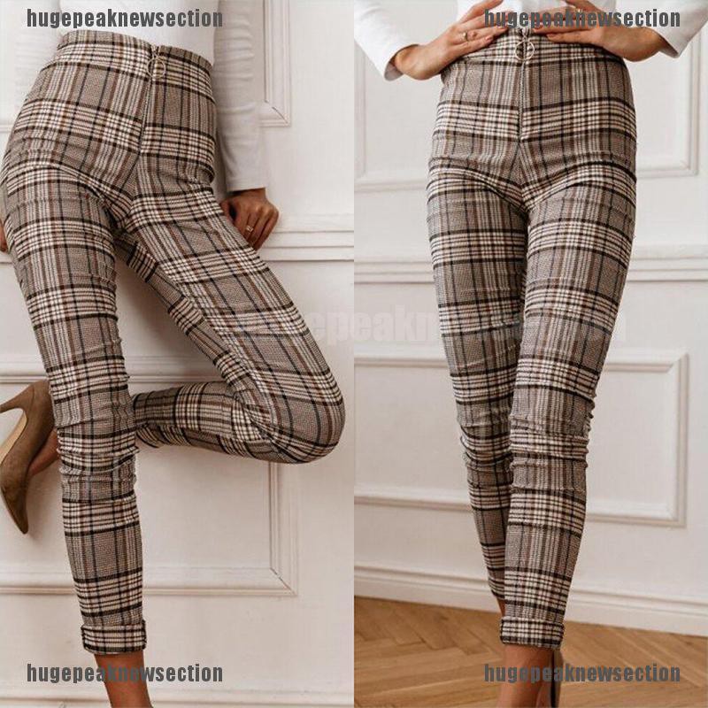 womens high waisted checked trousers