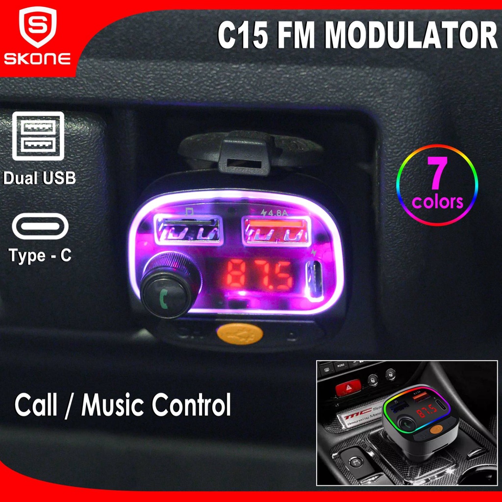 FM Modulator Transmitter Aux Dual USB w/ Type C PD Charger RGB Light