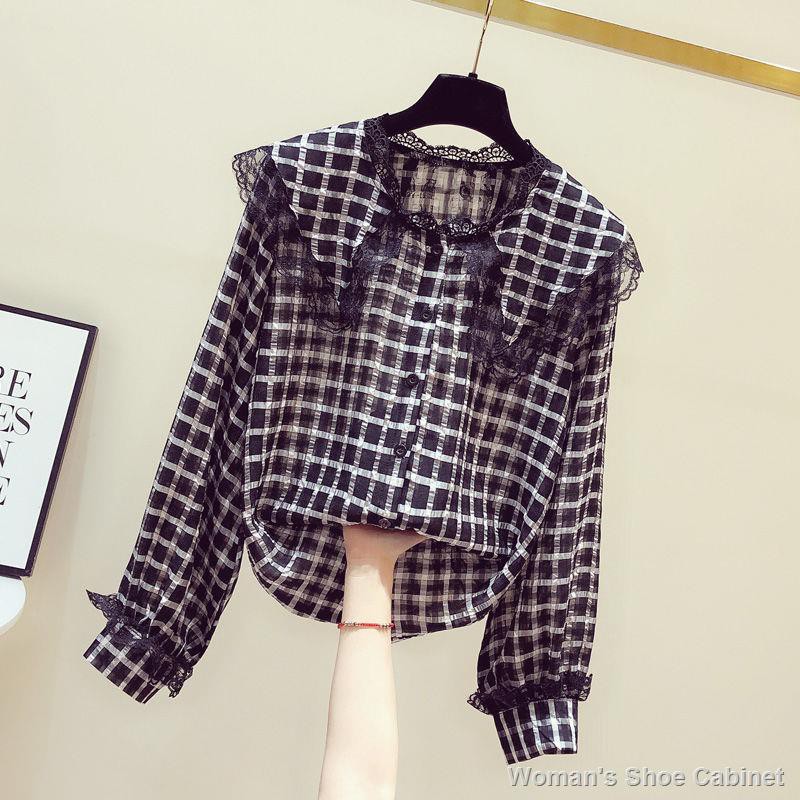 Korean Blouse Aesthetic Shirt Casual Blouselace Blouse 2020 Autumn Design Sense Long Sleeved Plaid Doll Collar Shirt Lace Stitching Hong Kong Flavor Chiffon Blouse Shopee Philippines