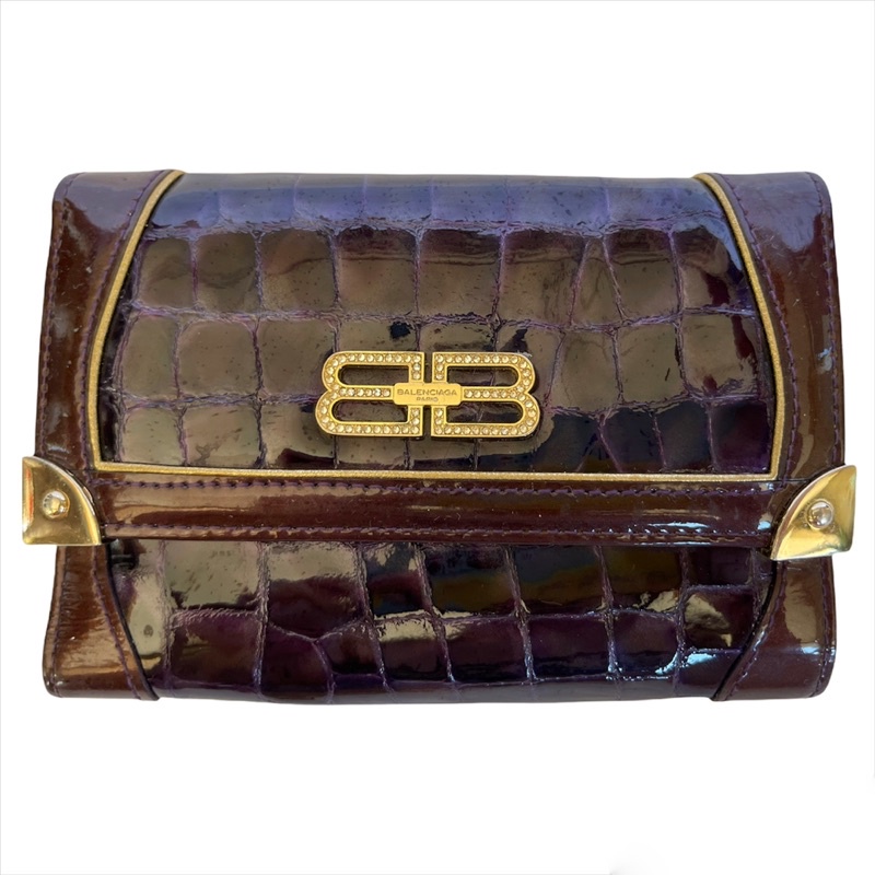 Auth Balenciaga Crocodile Embossed Patent Trifold Wallet | Shopee ...