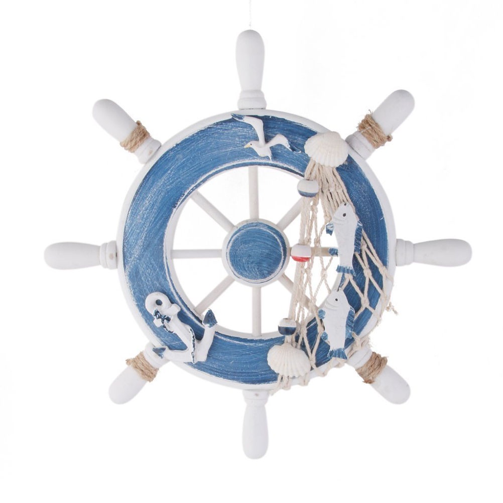 Nautical Wooden Ship Sailboat Boat Steering Wheel Fishing Net Home Decor