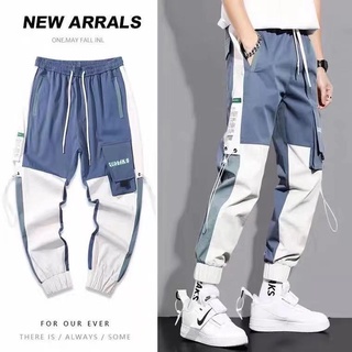 GK# Colorblock Multi-pocket Cargo Pants Men Elastic waistband Korean Jogging pants