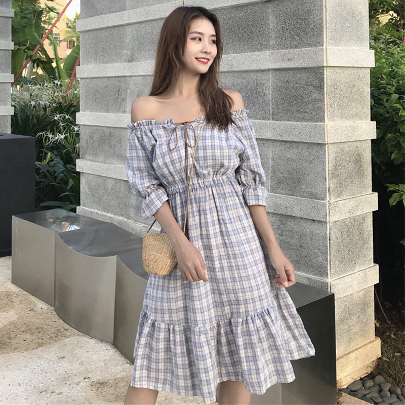off shoulder plaid dress