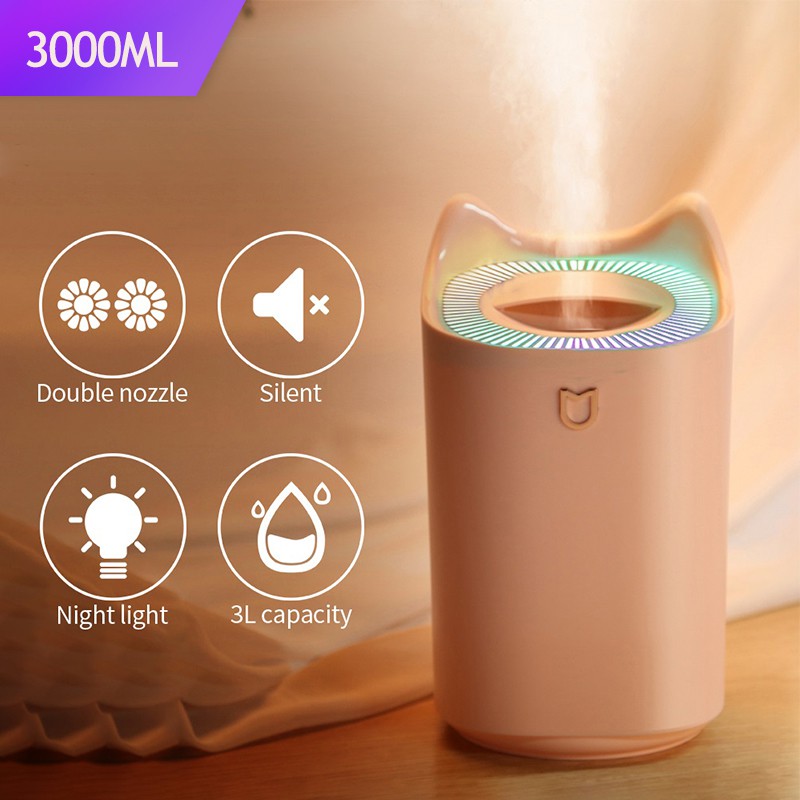 Air Humidifier 3L Double Nozzle Cool Mist Aroma Diffuser With Coloful