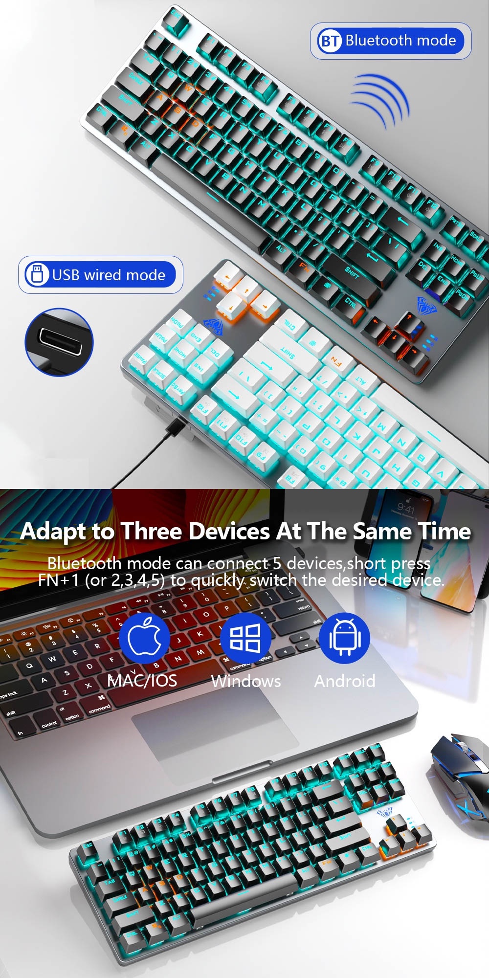 AULA F3287 Bluetooth Wired Mechanical Dual Mode Keyboard 87key