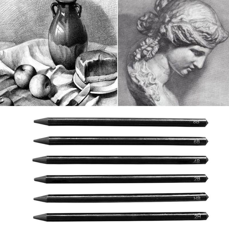 6 Pcs Professional Pure Carbon Sketch Pens 2H/HB/2B/4B/6B/8B Woodless