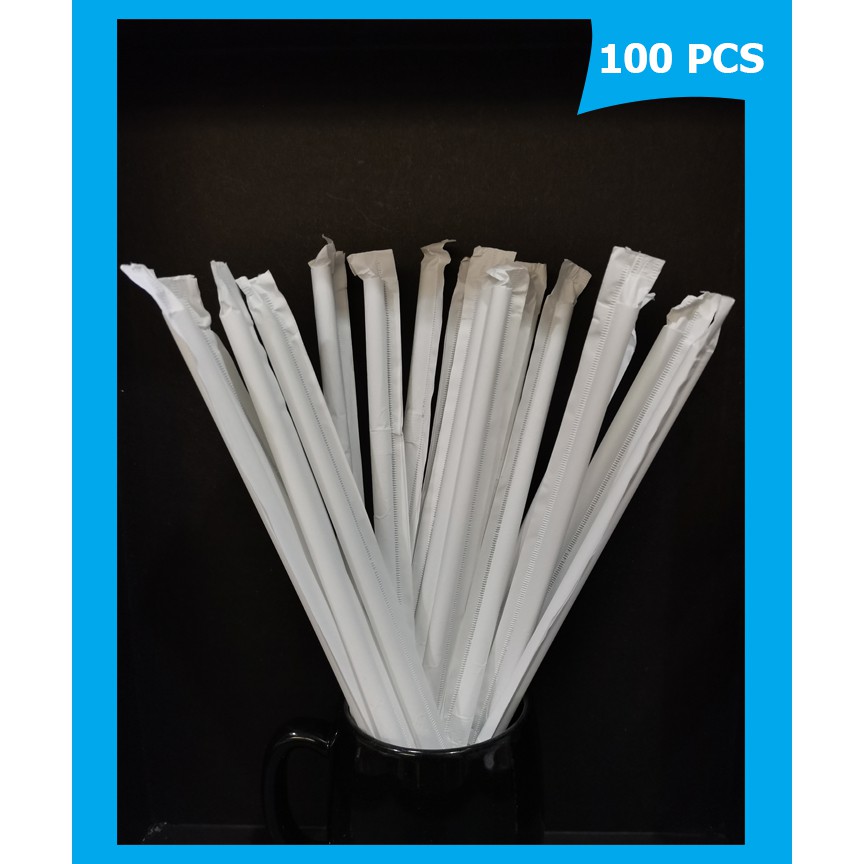 Individually Paper Wrapped Bending White Plastic Straw for Juice, Shake, Buko (100 pcs per pack