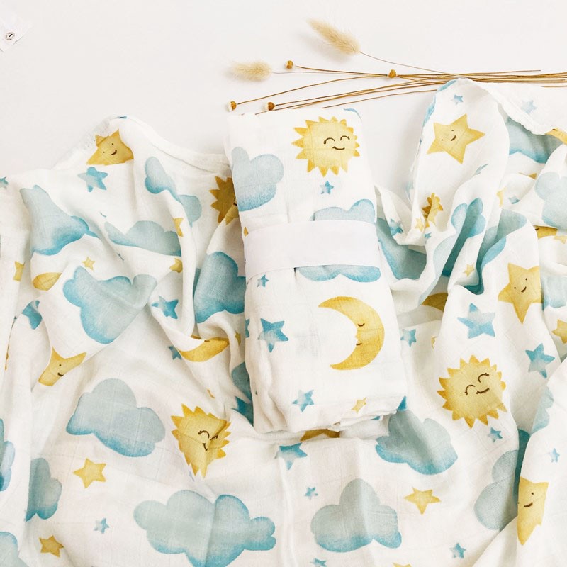 muslin Two layer Bamboo+cotton Stars moon and clouds Baby wrap muslin