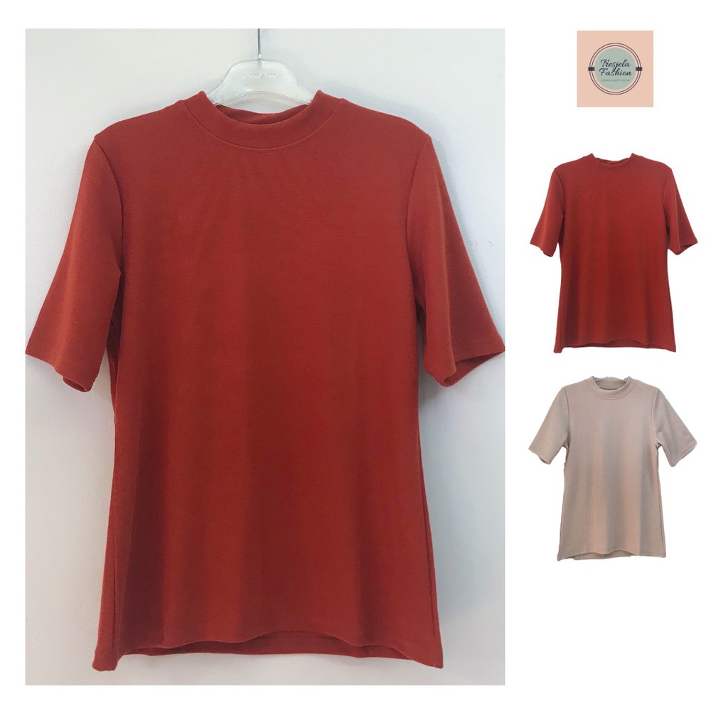 Download Women's Short Sleeve Mock Neck Ribbed Cotton Knit Top | Shopee Philippines