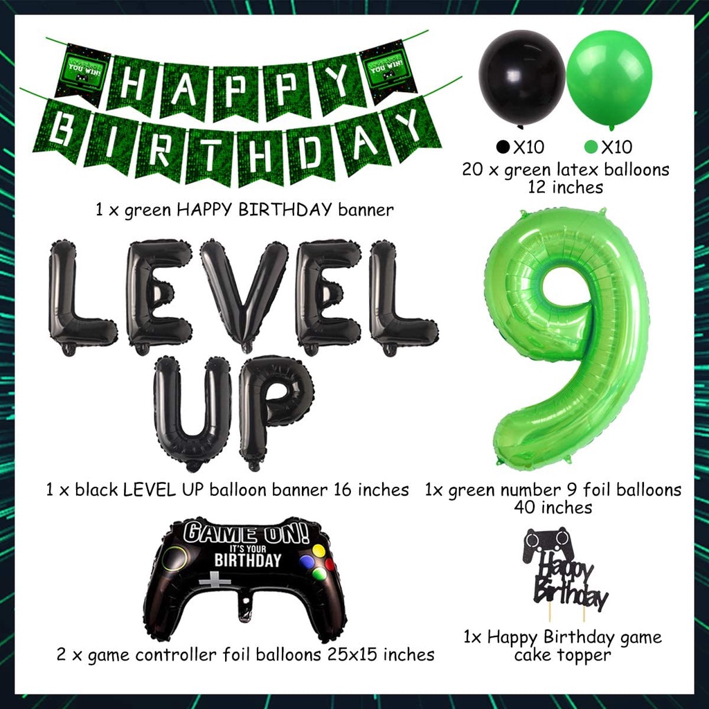 CHEEREVEAL Video Game Themed 9th Birthday Party Decoration for Boys Nine Years Old Birthday Supplies with Green Black Balloons Set Game Controller Level Up Foil Balloons Banner