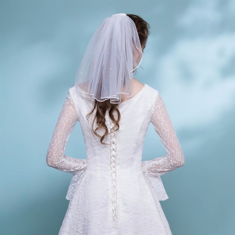 Tulle Wedding Veils Ribbon Edge Rhinestones Fake Pearls Short Hair