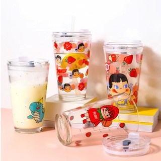Cute Glass Milk Juice Breakfast Mug Japanese Cartoon Coffee Cups With Straw cup