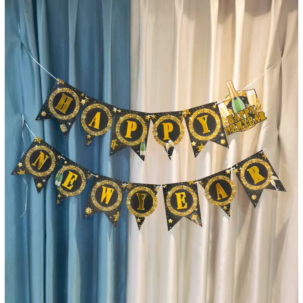 HAPPY NEW YEAR Gold letters Champagne bottle party decorations cardboard banner set w/string