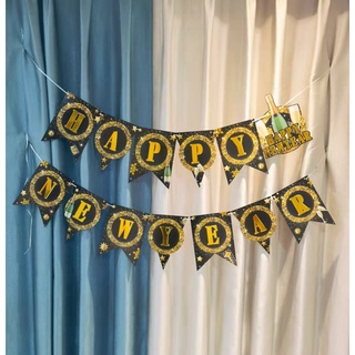 HAPPY NEW YEAR Gold letters Champagne bottle party decorations cardboard banner set w/string #1