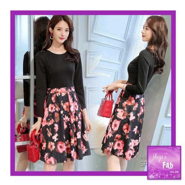 dress with black top and floral skirt